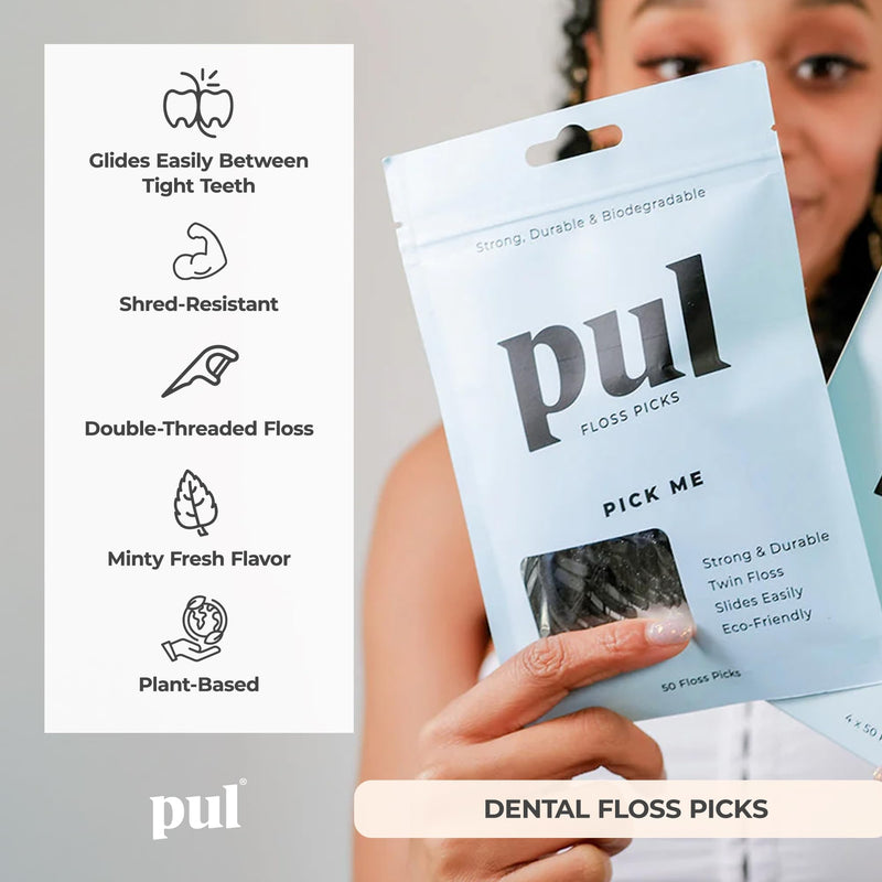PUL Dental Floss Picks ‚Äì Mint Teeth Flossers for Deep Cleaning, Removing Food Particles & Plaque ‚Äì Shred-Resistant Nylon Floss, Plant-Based Handle, Fluoride Free ‚Äì for Adults & Kids (50 Count) 1 Count (Pack of 50) - BeesActive Australia