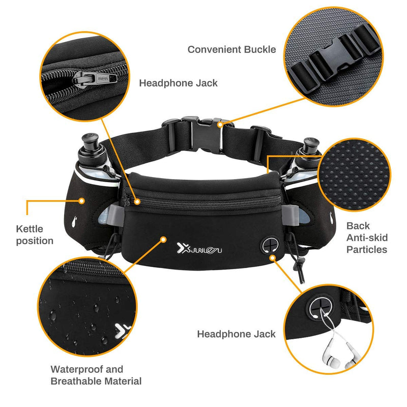 Number-one Running Belt with Water Bottles(2 x 175ML), Hydration Belt Waterproof Waist Pack Bag Fits iPhones Adjustable Sports Waist Pouch for Marathon Running Hiking Cycling Black