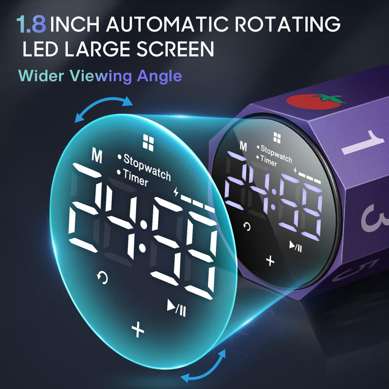 Digital Pomodoro Timer,Frosted Metal Productivity Cube Timer,1.8 in LED Digital Large Screen,Auto-Rotating Display,1/3/5/10/25/30/60min & Custom Time, Silent & Alarm,for Office, Study, Work(Purple) Purple