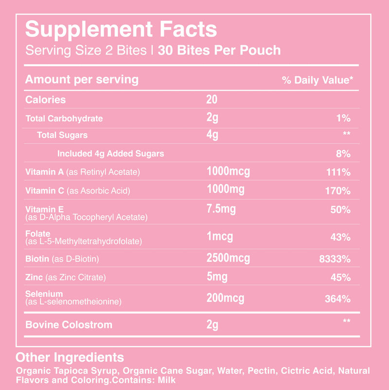 Pretty Thing Colostrum Bites for Women – 1g Bovine Colostrum Bites with Biotin, Folate, Zinc, Vitamins A C E – Beauty and Wellness Supplement for Hair, Skin, Gut, and Immune Health - 30 Pack