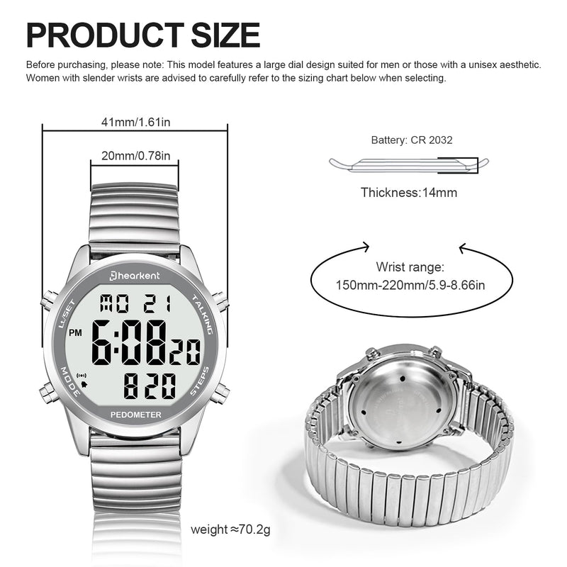 Hearkent Digital Talking Watch with Pedometer,Announces time/Date/Steps/Calories in English,Gift for Elderly,Blind&Visually impaired,5 Alarm Reminders+Hourly Chime,EL Backlight Matte silver expansion band