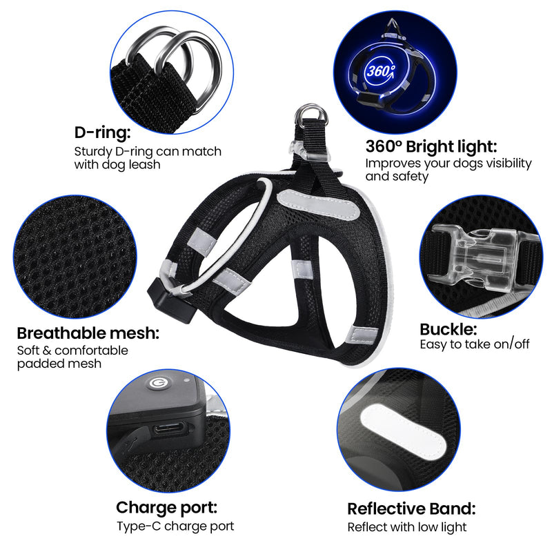 PcEoTllar Luminous Dog Harness, LED Rechargeable Reflective Illuminated Harness for Puppy Small Medium Dogs, Breathable Luminous Harness, Black (9 Modes), S Black (9 Modes) - BeesActive Australia