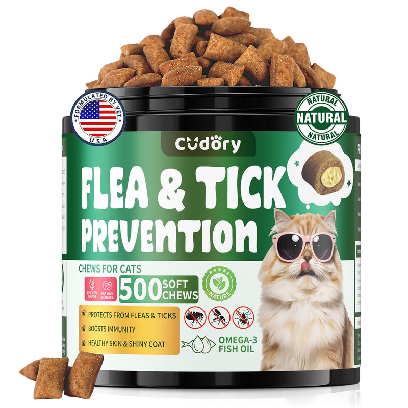 Flea and Tick Chews for Cats - Natural Flea Tick Support for Cat All Breeds & Ages - Nourishes Skin & Coat Health - Energy Support