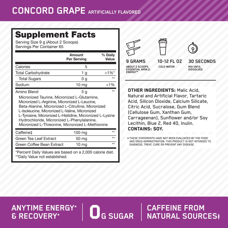 Optimum Nutrition, Amino Energy - Pre Workout with Green Tea, Bcaa, Amino Acids, Keto Friendly, Green Coffee Extract, Energy Powder - Concord Grape, 65 Servings 1.29 Pound (Pack of 1)