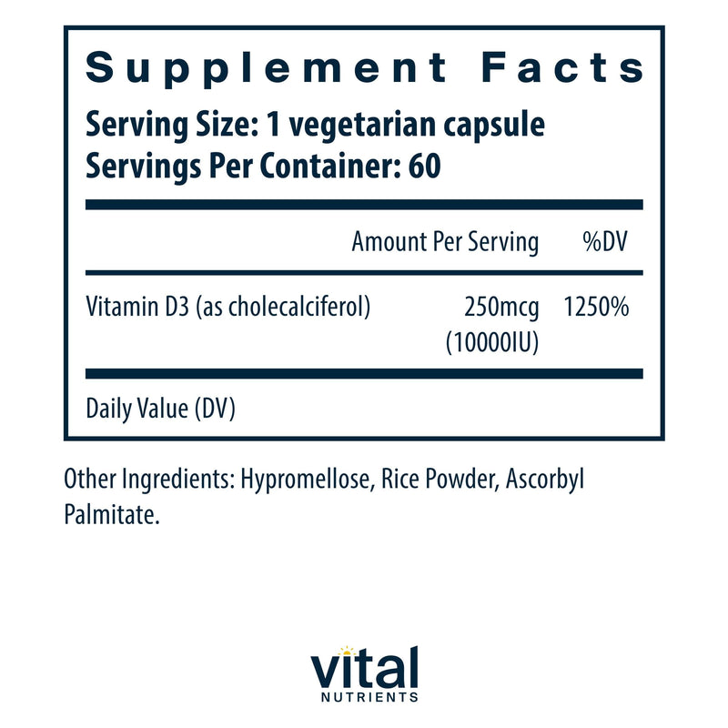 Vital Nutrients Vitamin D 10000 IU - Vitamin D3 Supplement - Healthy Bones, Teeth, Muscles*- Cellular & Immune Function - Calcium Absorption - Gluten, Dairy and Soy Free - 60 Capsules