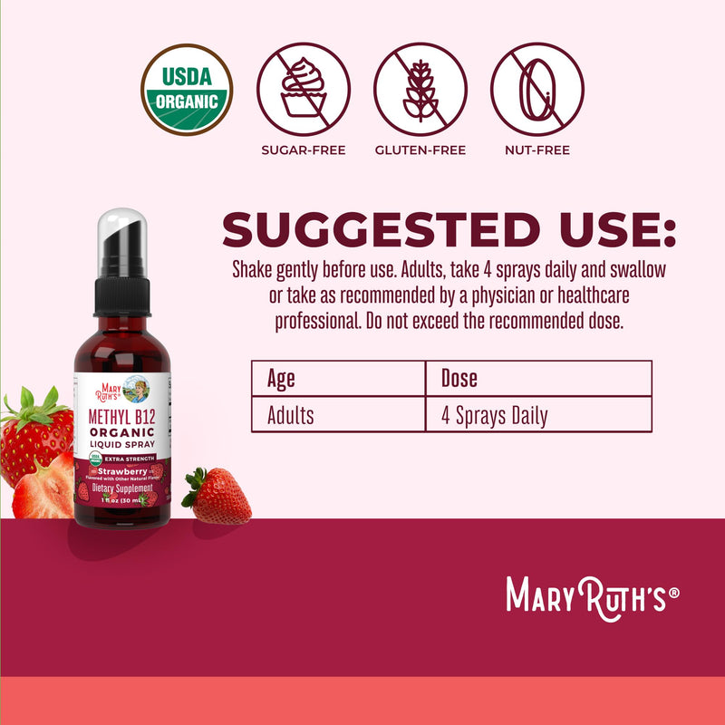 MARYRUTH'S Vitamin B12 Liquid Spray | Vegan, Non-GMO, Gluten-Free | USDA Organic Supplement | Energy & Nervous System Support | B12 Vitamins for Women & Men | 720 mcg | 1 Fl Oz Strawberry 1 Fl Oz (Pack of 1)