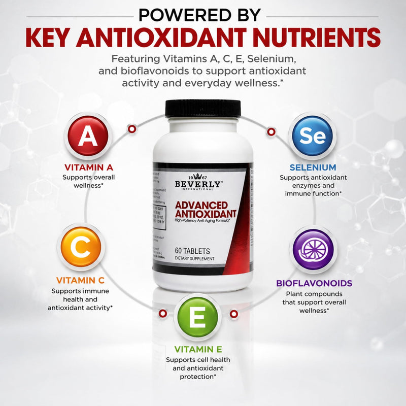 Beverly International Advanced Antioxidant, 60 Tablets | High Potency Anti-Aging Formula, Wellness & Recovery, Powered by Vitamins A, C, E & Selenium, Combat Cell Oxidation