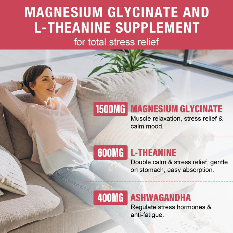 Liposomal Magnesium Glycinate 1500mg L-Theanine 600mg Gummies with Ashwagandha, GABA, 5HTP, Vitamin B6 & D3, Lemon Balm Leaf, L theanine Supplement Magnesium Gummies for Relax Mood & Muscle, 2 Pack 60 Count (Pack of 2)