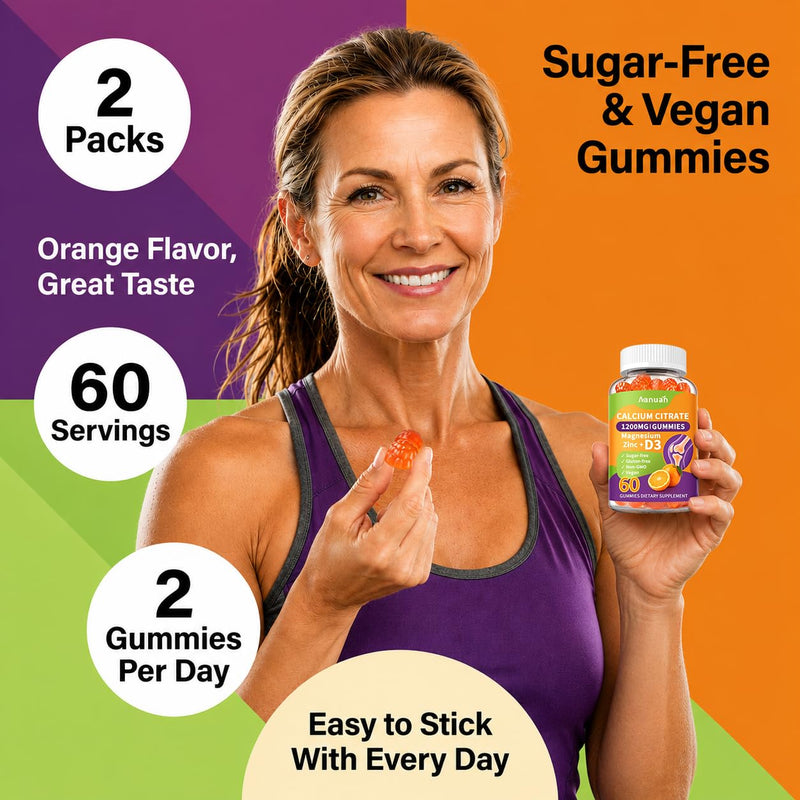 (2 Pack) Calcium Citrate 600-1200mg Magnesium Zinc D3 Gummies for Women Men | Calcium Supplements For Bone, Teeth & Muscle Healthy, High Absorption, Sugar Free, Vegan, Non-GMO, Pectin-Based,Orange Flavor 60 Count (Pack of 2)