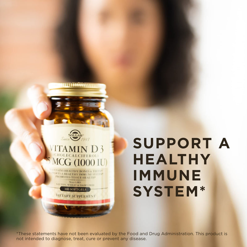 Solgar Vitamin D3 (Cholecalciferol) 25 mcg (1000 IU) - 100 Softgels - Helps Maintain Healthy Bones & Teeth - Immune System Support - Non-GMO, Gluten Free, Dairy Free - 100 Servings