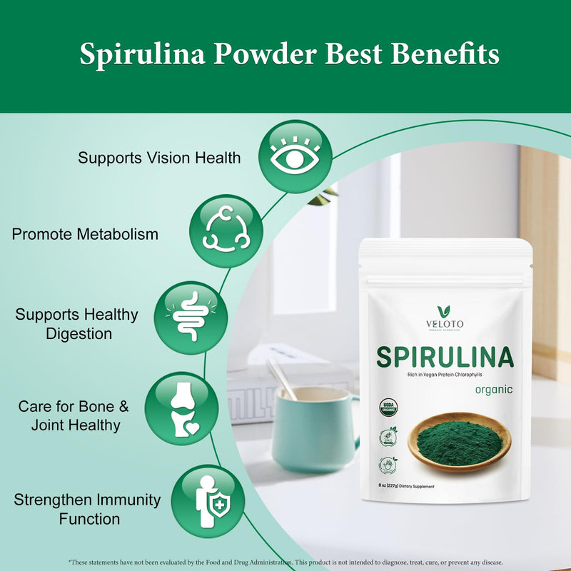 USDA Organic Spirulina Powder, 8 oz - Rich in Vegan Protein, Vitamins & Minerals | Natural Green Superfood, Source of Chlorophyll | Non-Irradiated, Non-GMO, Gluten Free 8 Ounce (Pack of 1)