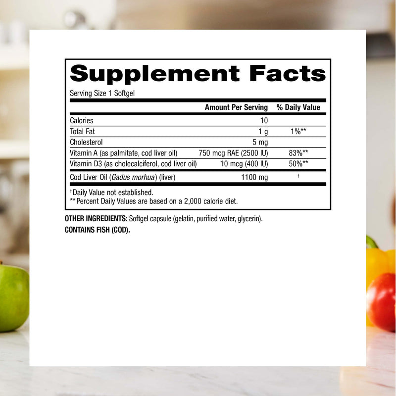 Webber Naturals Cod Liver Oil Softgels, Vitamins A & D, 1100 mg, 180 Count | High Potency, Value Size, Dairy/Gluten/Shellfish Free, Supports Immune Health, One Softgel Daily