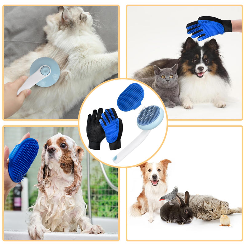 GJEASE Cat Grooming Glove Brush,Self-Cleaning Slicker Pet Brush for Short and Long Haired Pets,Dog Bath Brush for Shedding and Grooming,Removes Loose Hair and Tangles,Promote Circulation Round Flower-Blue - BeesActive Australia