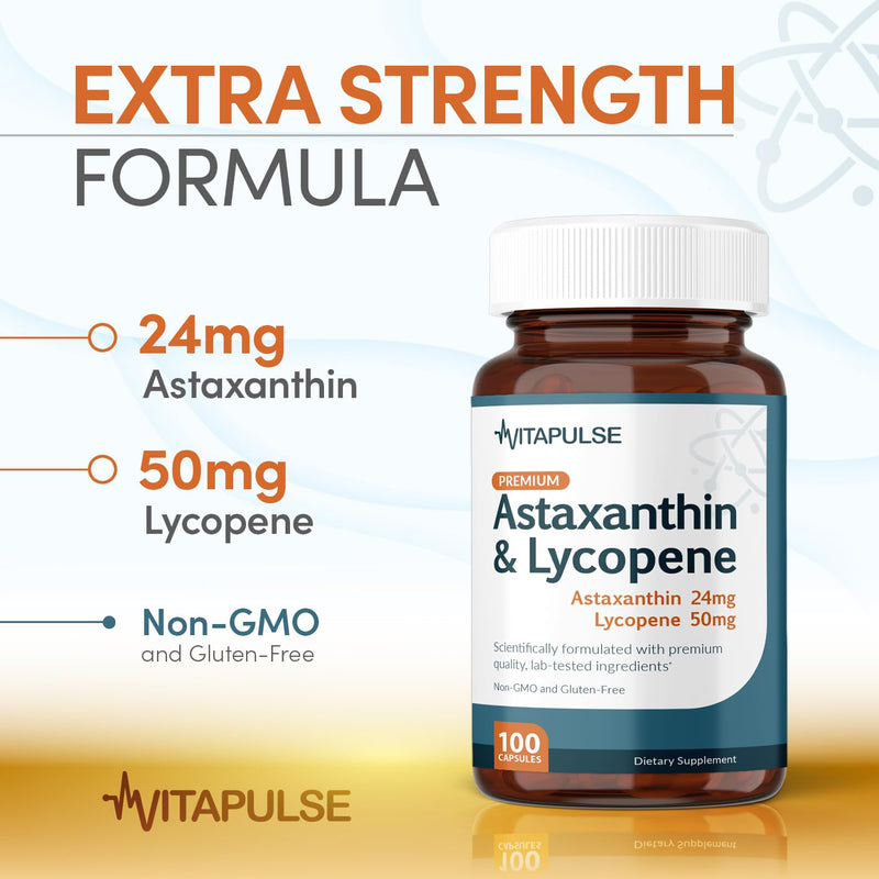 Astaxanthin 24mg with Lycopene 50mg Supplement, 100 Vegetarian Capsules, Non-GMO, Gluten Free - BeesActive Australia