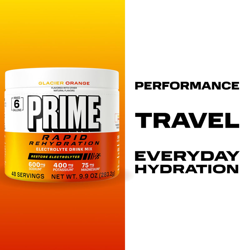Prime Rapid Rehydration Electrolyte Powder, Glacier Orange, Sugar Free Hydration Drink Mix with Sodium, Potassium, Magnesium & B Vitamins to Replenish Fluids, Caffeine Free, 6 Gallon Tub, 48 SRV