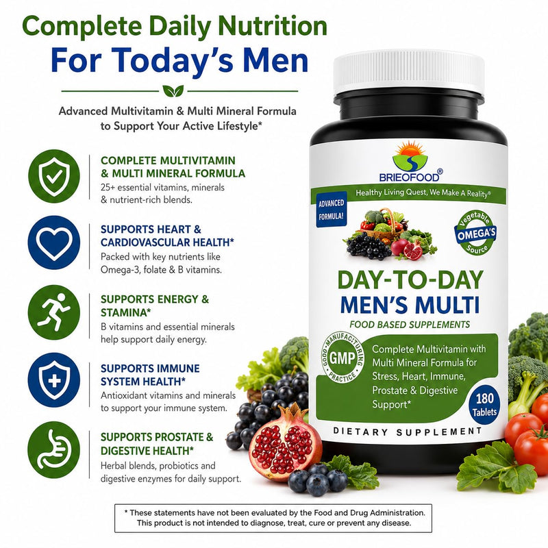 Brieofood BRIOFOOD Day-to-Day Men's Multi 180 Tablets - Food Based Supplement with Vegetable Source Omegas 180 Count (Pack of 1)