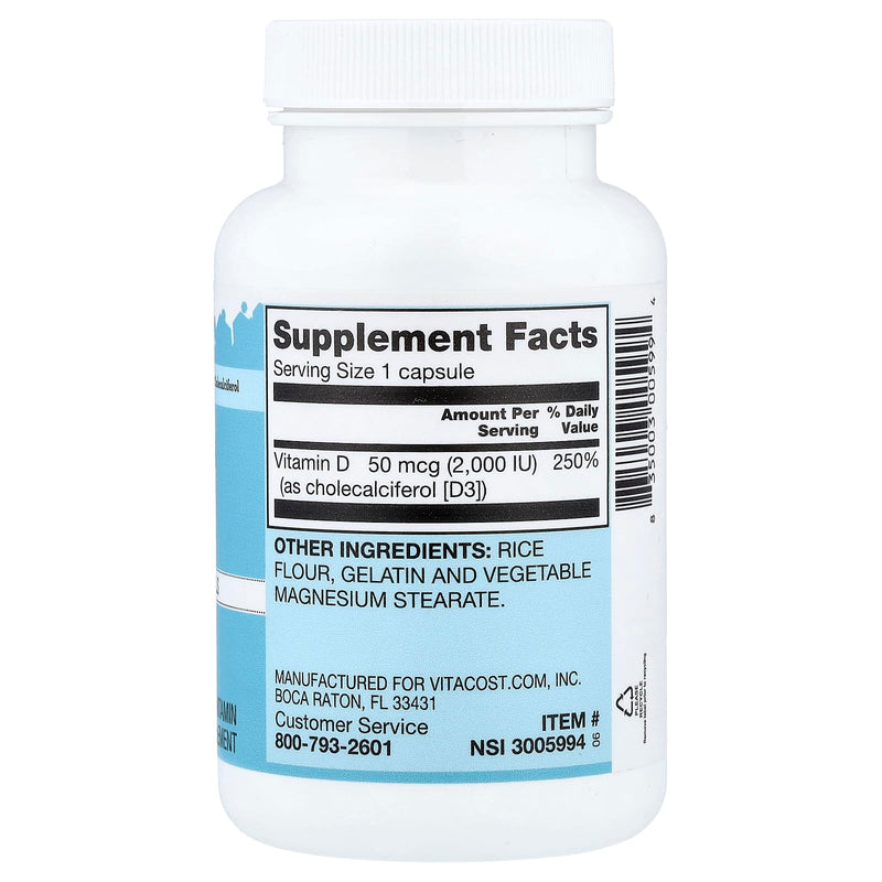 Vitacost Vitamin D3 (as Cholecalciferol) -- 2000 IU - 300 Capsules Unflavored 300 Count (Pack of 1)