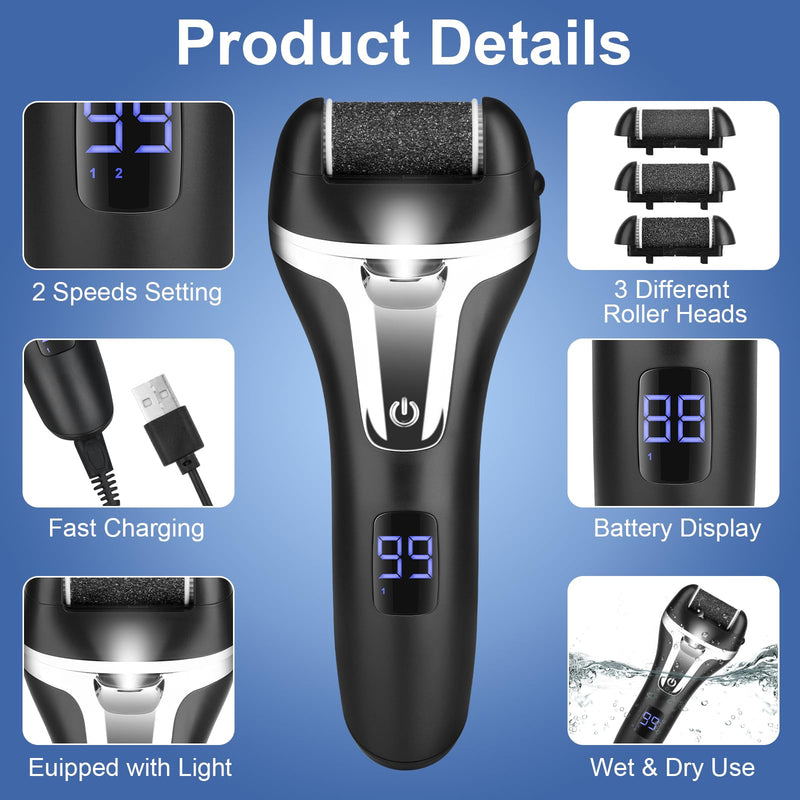 Electric Foot File Callus Remover for Feet - 9 pcs Roller Heads,2 Speed Foot Care Kit Waterproof Pedicure Tools,Rechargeable Foot Scrubber Pedicure kit for Dead Hard Cracked Dry Skin.