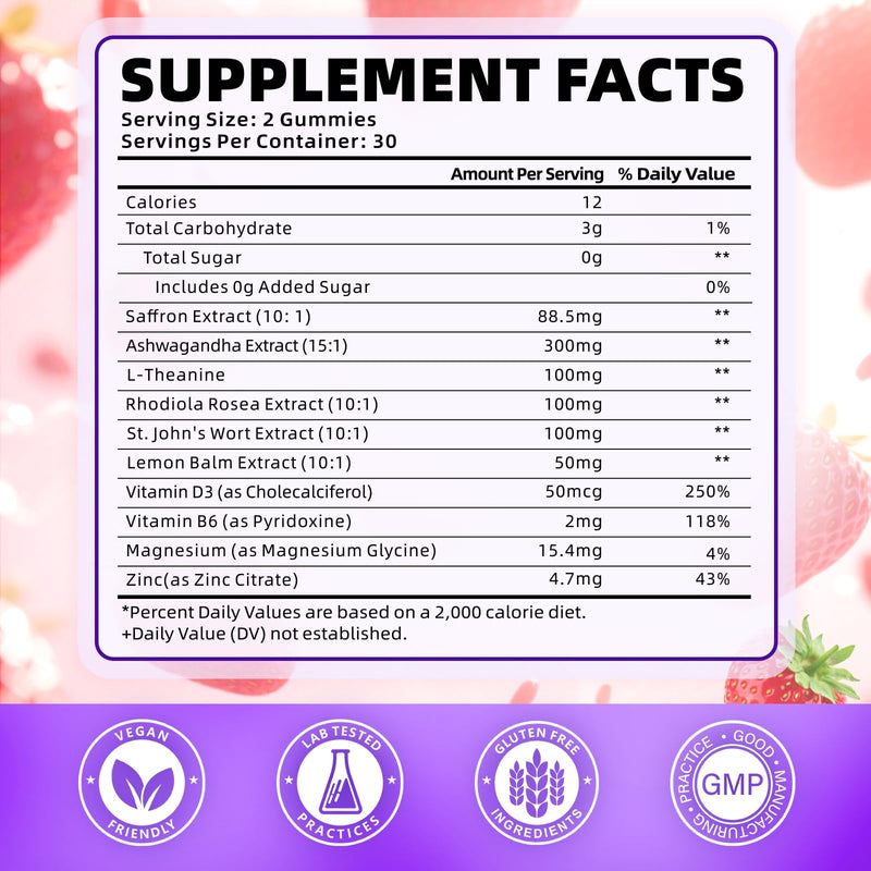 softbear Saffron Gummies for Kids & Adults, 10-in-1 Organic Saffron Supplements with 88.5mg Saffron Extract Support Calm Mind & Focus & Zzz, Sugar Free/Non-GMO, Strawberry Flavor 60 Count 60 Count (Pack of 1)