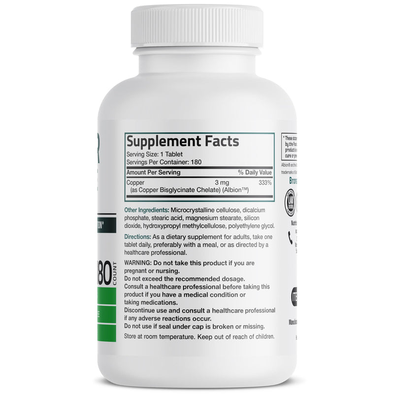 Bronson Copper Glycinate 3mg Chelated Superior Absorption Non-GMO, 180 Vegetarian Tablets