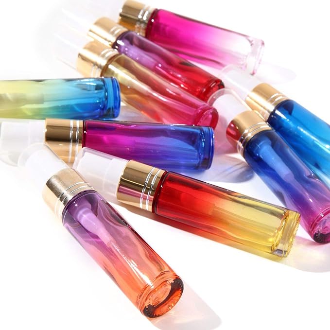 Solid Valu 10ml Set of 9 Colorful Spray Aroma Bottles Push On Mini Bottle Atomizer Aroma Oil Jar Blackout Jar Gradient Spray Bottle Glass (9 Color Gradation) - BeesActive Australia
