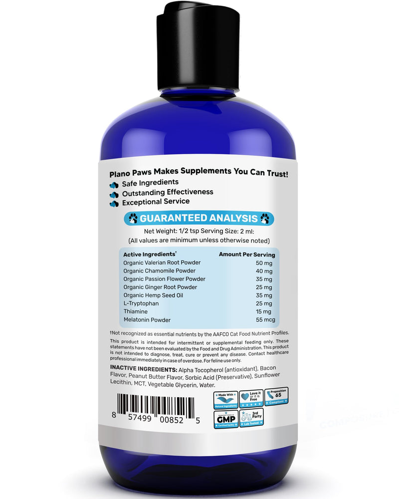 Cat Anxiety Relief 90 Day Supply - Faster Absorption Than Cat Calming Treats - Cat Calming Products for All Ages - Liquid Calming Cat Treats for Sleep Aid - 8 Ingredient Blend + Cat Melatonin