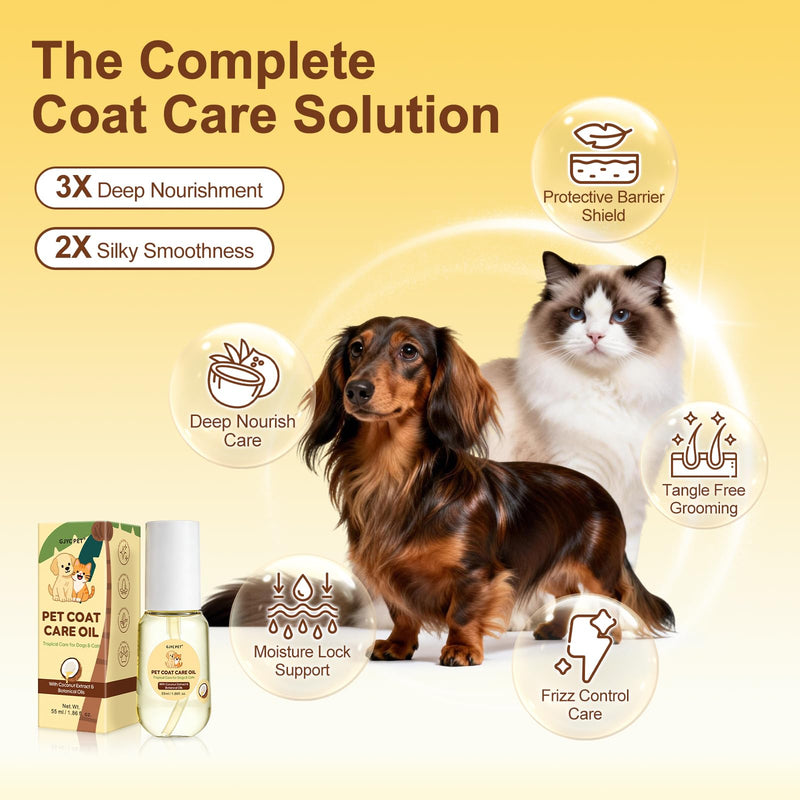 Pet Coat Care Oil, Coconut & Jojoba Infusion | Nourishing Serum to Reduce Stubborn Knots, UV Heat Shield; Anti-Static Lipid Repair for Dry Damaged Fur, Lick-Safe Treatment Dogs Cats, 55ml Tropical Coconut