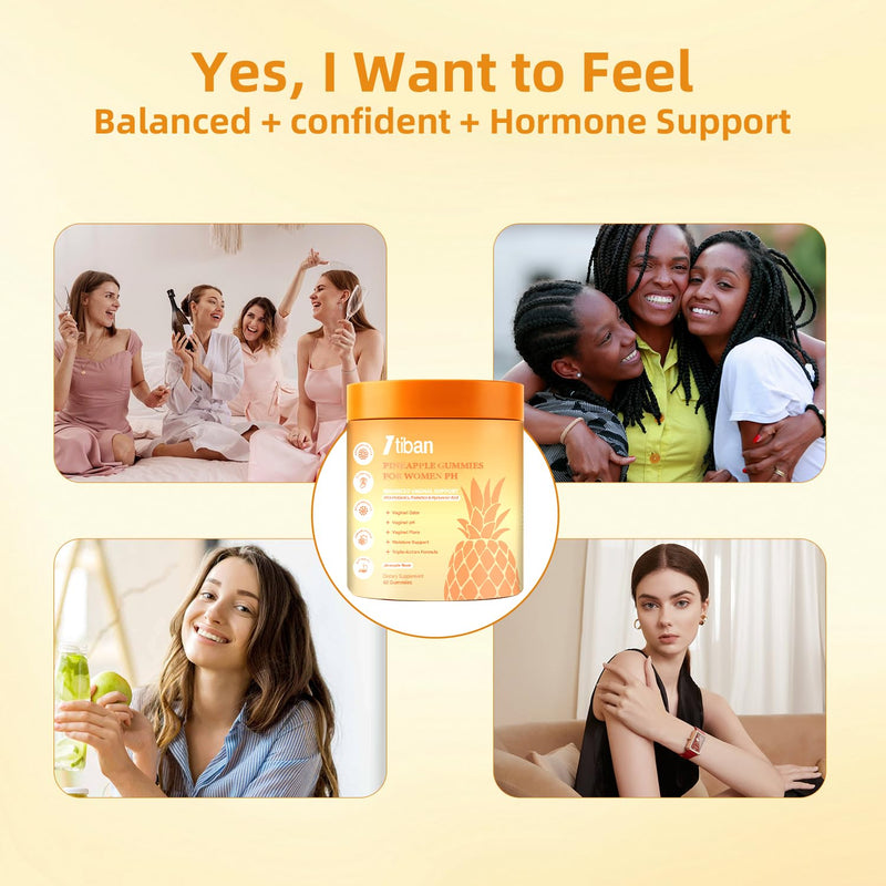 Pineapple Gummies for Women pH, Premium Feminine pH Balance Gummy, Vaginal Probiotics, Immune Support, Vegan, Gluten-Free, 60 Gummies 30 Servings