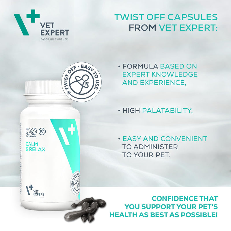 Vet Expert Calm & Relax Supplement for Dogs and Cats – Reduces Stress and Anxiety with Tryptophan, Valerian Extract, Taurine, and Green Tea Leaf Extract – 30 Twist-Off Capsules