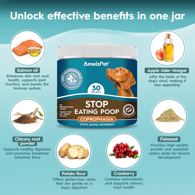 AmeizPet No Poo Treats for Dogs Stop Stool Eating Dog, Coprophagia Deterrent For Dog, Stop Dogs Eating Poop Deterrent, Digestive Enzymes, 30 Soft Dog Treats, 67.5g (2.3 Oz) Stop Poo Eating Deterrent 30 Treats