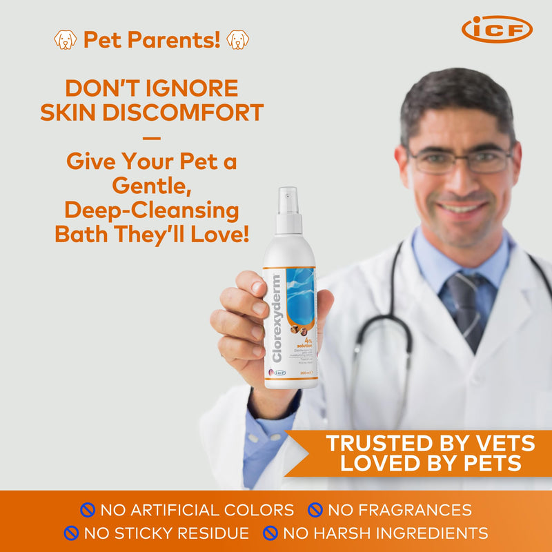 ICF | Clorexyderm 4% Solution Spray for Dogs & Cats | Vet-Recommended No-Rinse Skin Cleanser & Conditioner, 200ml