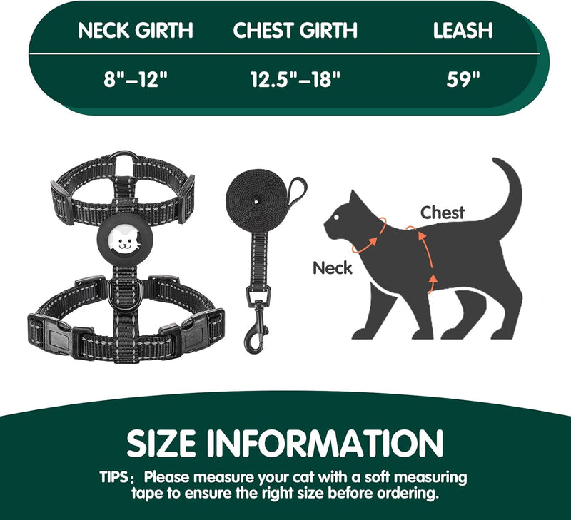 BINGPET Cat Harness and Leash Set Escape Proof for Walking,Adjustable Kitten Harness with Airtag Holder for Small Medium Large Cats,Easy Control Soft Harness with Reflective Stripes(Black Reflective) Neck:8"-12" Chest:12.5"-18" Black Reflective - BeesActive Australia