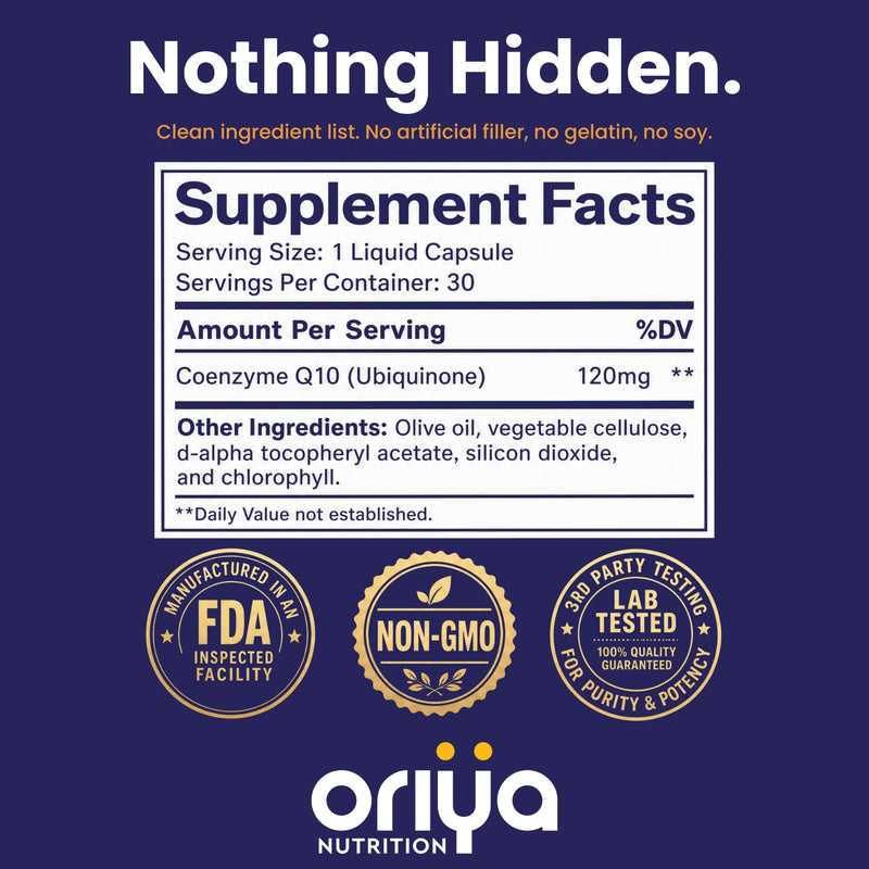 CoQ10 120mg – High-Absorption Liquid Veggie Capsules with Olive Oil & Vitamin E – Supports Cellular Energy, Heart Health & Antioxidant Defense – Non-GMO, Vegan, 3rd-Party Tested