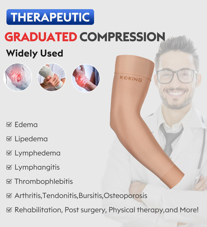 KEKING® Lymphedema Compression Arm Sleeves for Men Women (Pair), No Silicone Dot, 15-20 mmHg Compression Full Arm Support for Lipedema, Edema, Post Surgery Recovery, Swelling, Pain Relief, Beige S Small (1 Pair) 15-20mmhg Beige (Non Silicone Dot)
