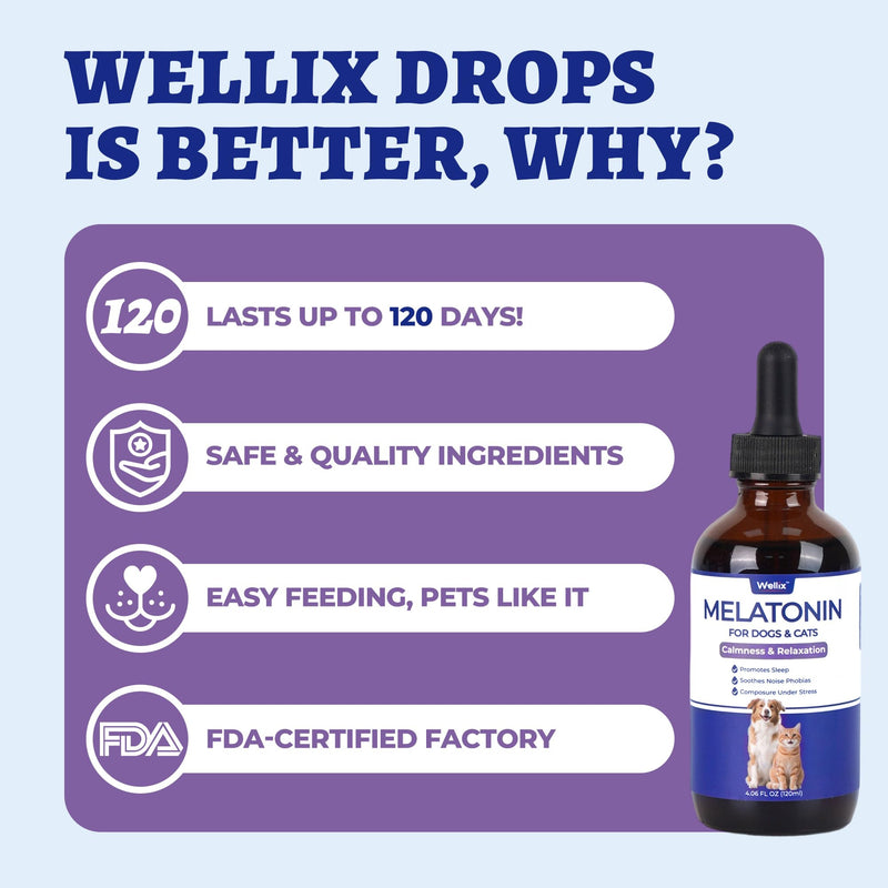 Wellix 4oz Larger Volume Melatonin for Dogs&Cats – Liquid Melatonin Drops, Sleep Aid, Dog Calming for Hyper Dogs, Cat & Dog Sedative for Grooming, Stress Relief, Bacon Flavor
