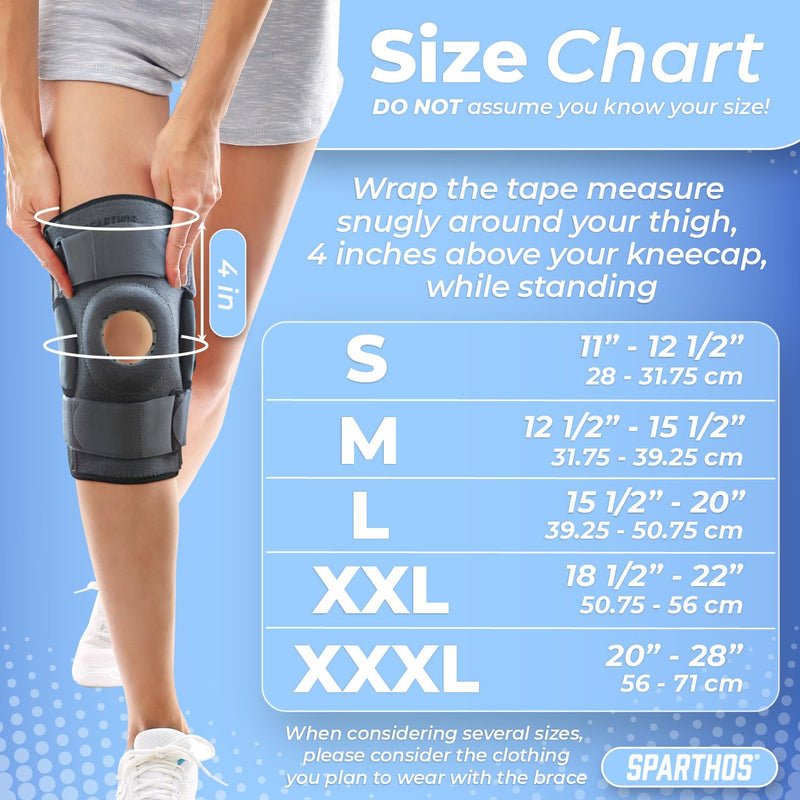 Sparthos Hinged Knee Brace - Relieves ACL, MCL, Meniscus Tear, Arthritis, Tendon Pain - Dual Metal Side Stabilizers - Support for Running, For Men and Women Check Size Chart (Large, 15½-20″ Thigh) Gray/Black Large