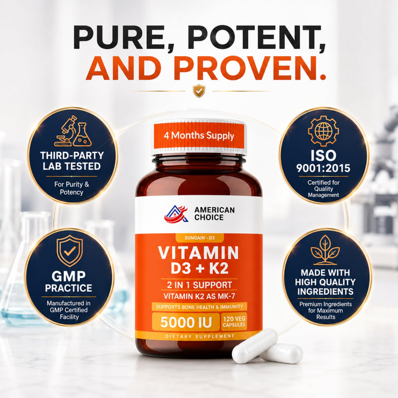 Vitamin D3 K2 5000 IU Supplement, Enhanced Bone, Heart & Immune Support - Supports Calcium Absorption, Non-GMO, Gluten-Free 100mcg K2-120 Veg Capsules