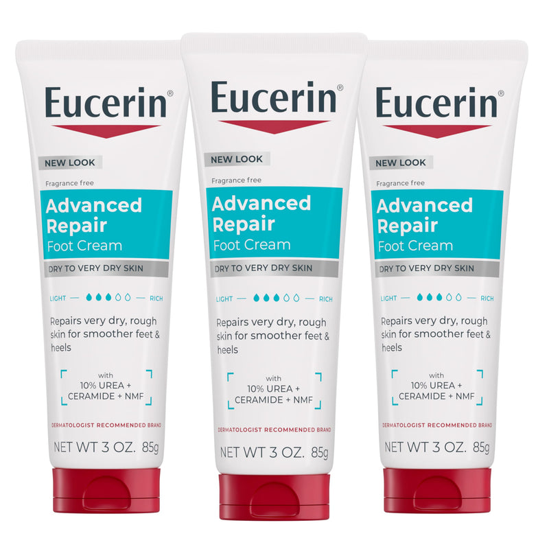 Eucerin Advanced Repair Foot Cream for Dry Feet and Heels, Repairs Very Dry, Rough Skin, Fragrance Free, Non Greasy, Fast Absorbing, Travel Size Lotion, 3 Oz Tube, Pack of 3 - BeesActive Australia