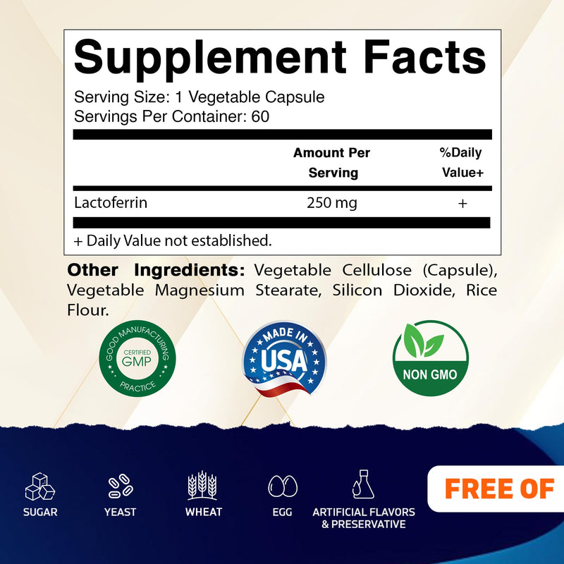 Vitamatic Lactoferrin 250mg – 60 Vegetable Capsules Promotes Healthy Immune Function* 60 Count (Pack of 1)