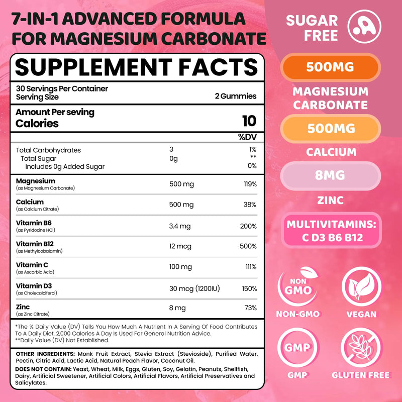 Magnesium Carbonate Gummies 500mg, Muscle & Digestive, Women & Men, 60 Ct | With Calcium, Vitamin C, B6, B12, D3, Zinc. Sugar Free, Peach Flavor. Vegan, Non-GMO, Gluten-Free