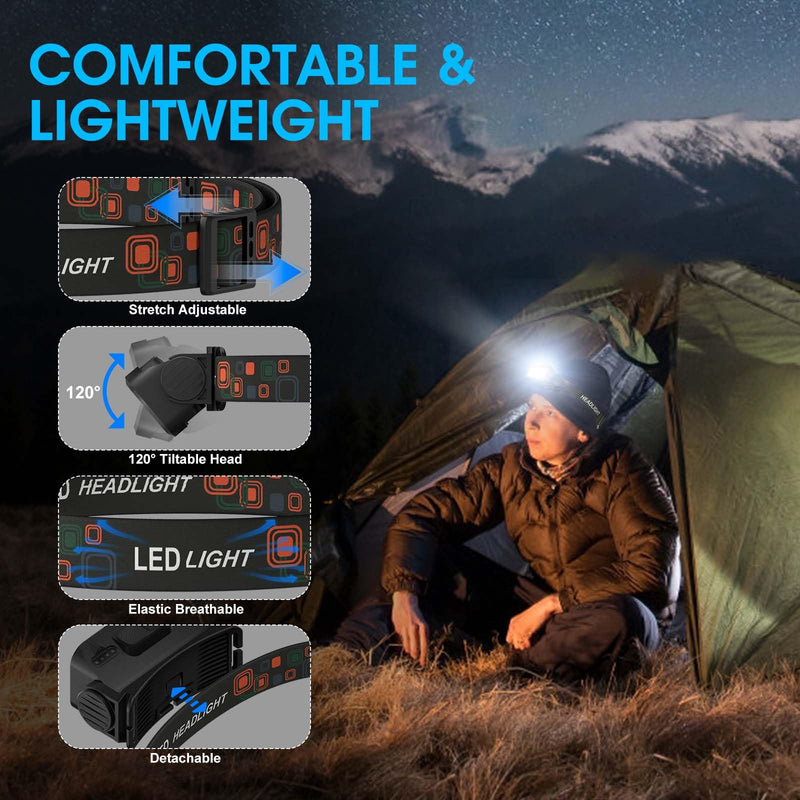 Rechargeable Headlamp Flashlight, 8 LED 2500LM Ultra-Light Bright Headlight with Motion Sensor, Waterproof Lightweight Head Lamp for Adult Kid, 2-Pack Headlamps for Outdoor Camping Running Fishing Orange - BeesActive Australia