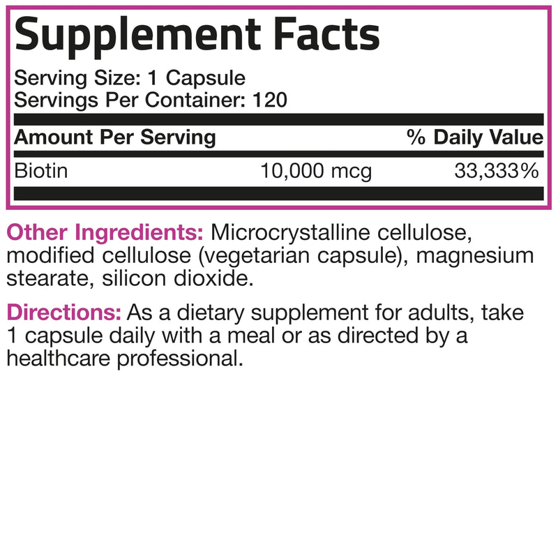 Bronson Ultra Biotin 10,000 mcg Hair, Skin & Nails, 120 Vegetarian Capsules | Once-Daily, Energy Metabolism Support, Non-GMO, Gluten-Free & Soy-Free 120 Count (Pack of 1)