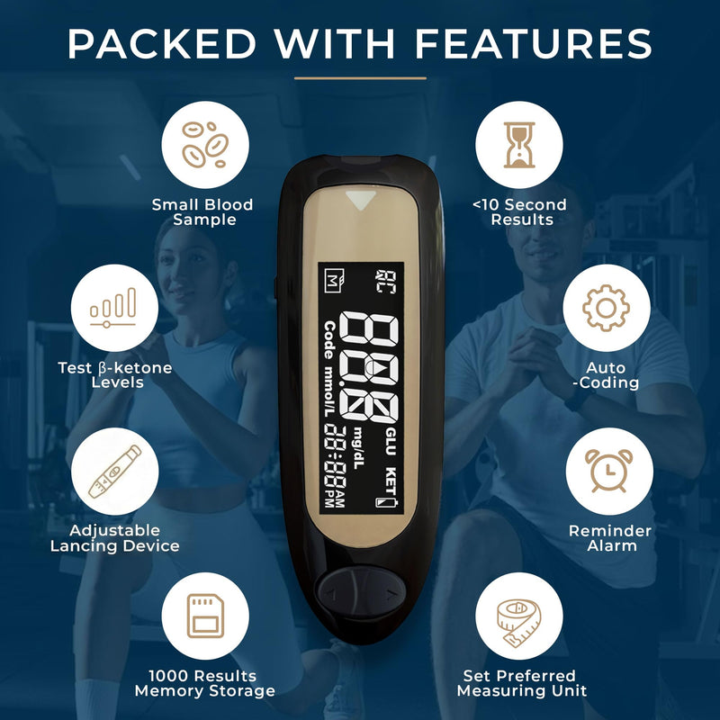 Advanced ß-Ketone Testing Kit, Slim, Auto-Coding, Ketosis Monitoring and Management, Ketone Meter, 10 Keto Test Strips, 20 Lancets, Lancing Device Black