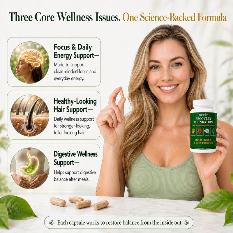 Zafira Organics Recovery Foundation Capsules – Mental Clarity, Hair & Mood Support, Natural Herbal Blend with Saffron Extract, Ginger Extract, L-Theanine, Myo-Inositol – Non-GMO, 90 Capsules