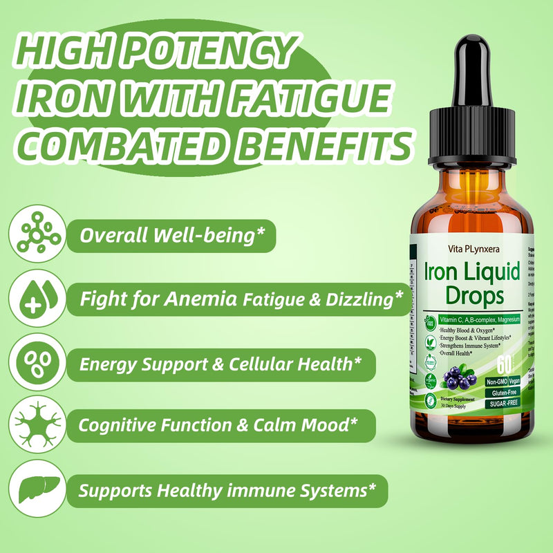 2 Pack Liquid Iron Supplement for Women Men & Kids, Vegan Iron Drops with Vitamin C D, B12, B-Complex, High Potency Liquid with Multivitamin for Anemia, Energy Support, Magnesium Iron Gentle Blueberry 2 Fl Oz (Pack of 2)