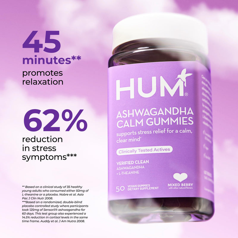 HUM Calm Ashwagandha Gummies with L-Theanine, Mixed Berry, 60 Count | Sensoril Ashwagandha, L-Theanine, Mixed Berry Flavor, Women & Men, Vegan, Non-GMO, 60 Gummies