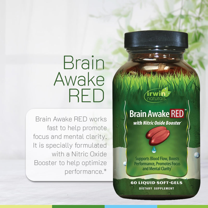 Irwin Naturals Brain Awake RED Focus & Mental Clarity Support - 2 Pack | Productivity & Cognitive Performance | Ginkgo + L-Theanine + L-Citrulline |60 Liquid Soft-Gels | 2 Pack 60 Count (Pack of 2)