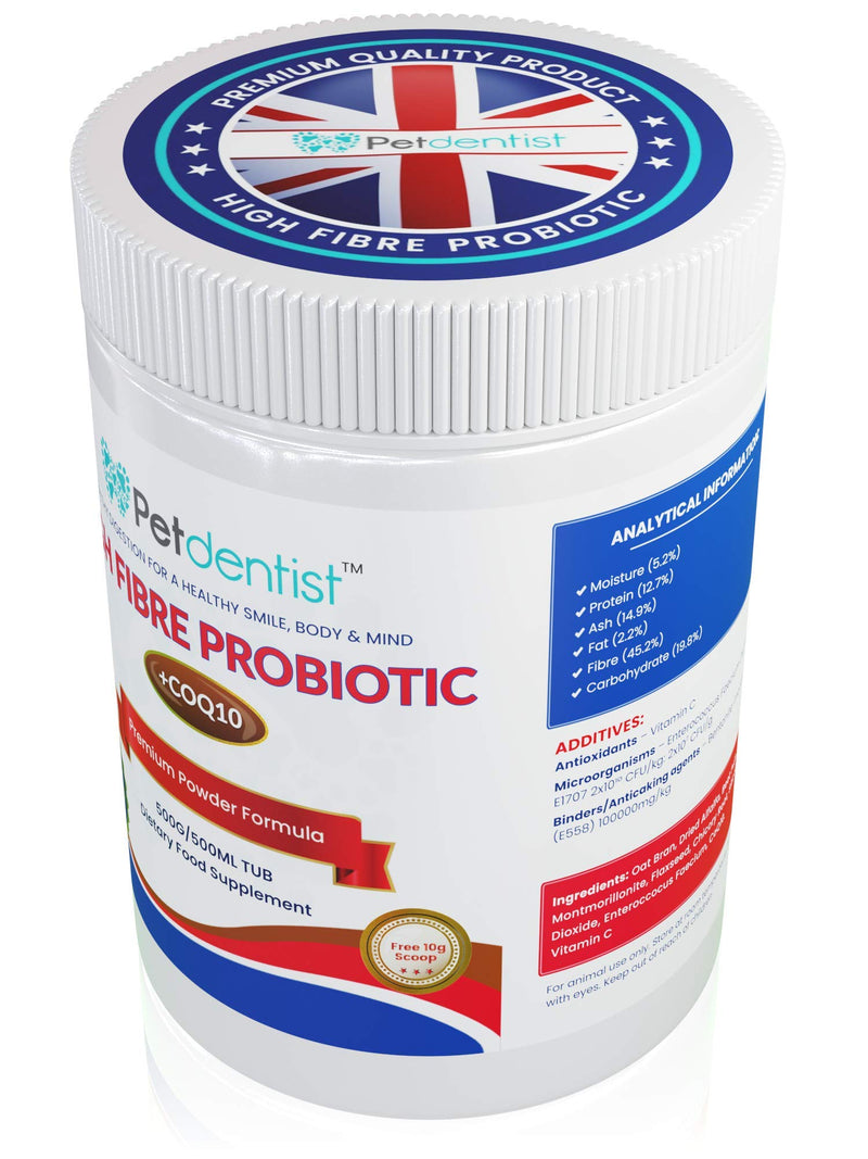 High Fibre Probiotics for Dogs and Cats - Premium Fiber Powder Supplement for Dogs, Anal Glands, Gut Health, CoQ10, Vitamin C for Digestion, Oral Care, Heart Support - 500 Grams