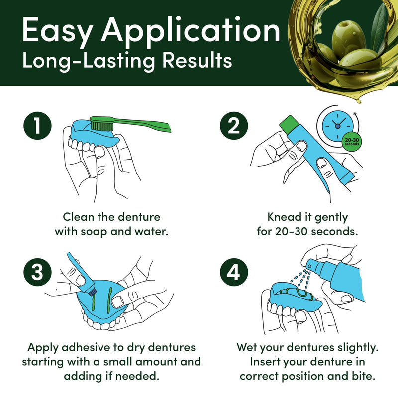 Denttach Green Denture Adhesive, Petroleum Free Olive Oil Based Denture Cream for Full and Partial Dentures, All Day Secure Hold Premium Denture Glue, Zinc Free, 2.4 Ounce