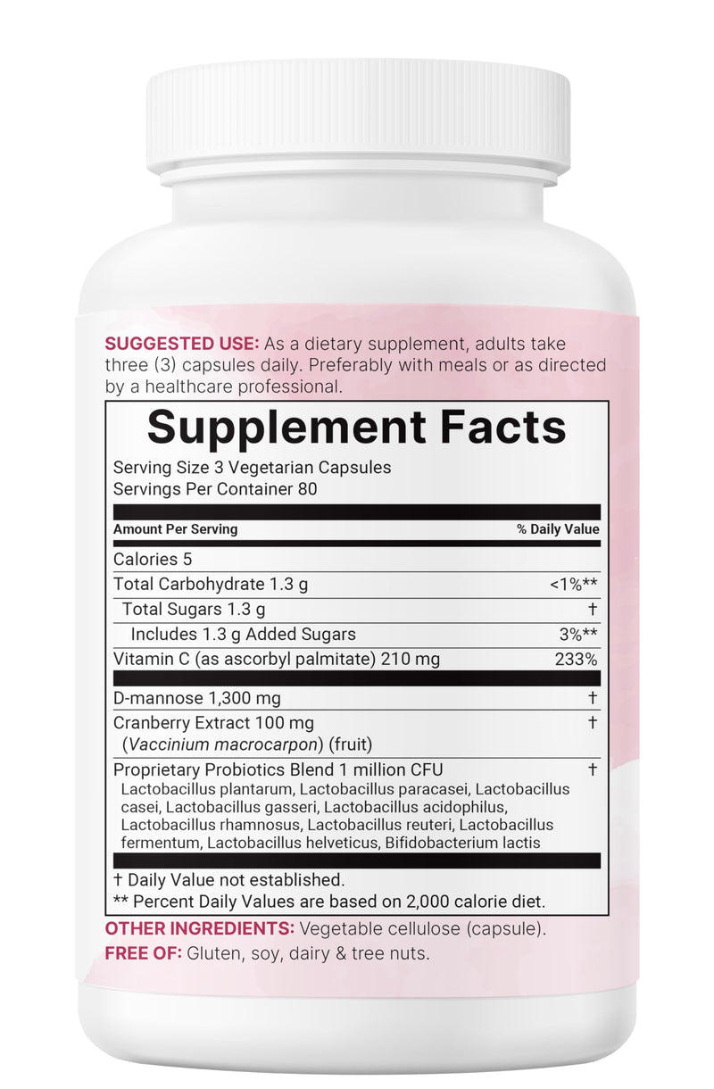 Pure D Mannose 1,300mg with Cranberry & Probiotics, 240 Veggie Capsules | Urinary Tract Health for Women | Plus 1 Million CFU Probiotics Blend & High Absorption Vitamin C | Filler Free, Non-GMO